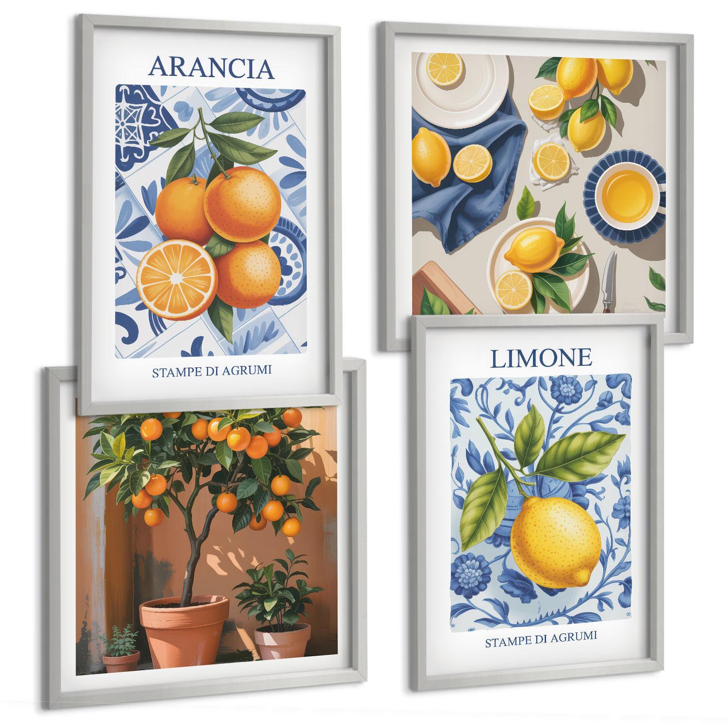 BILDER SET 4er Set - 50x50 cm & 40x60 cm Silberner Rahmen - Illustrationen von Zitrusfrüchten - Silberfarben, Kunststoff (50/50cm) - TULUP