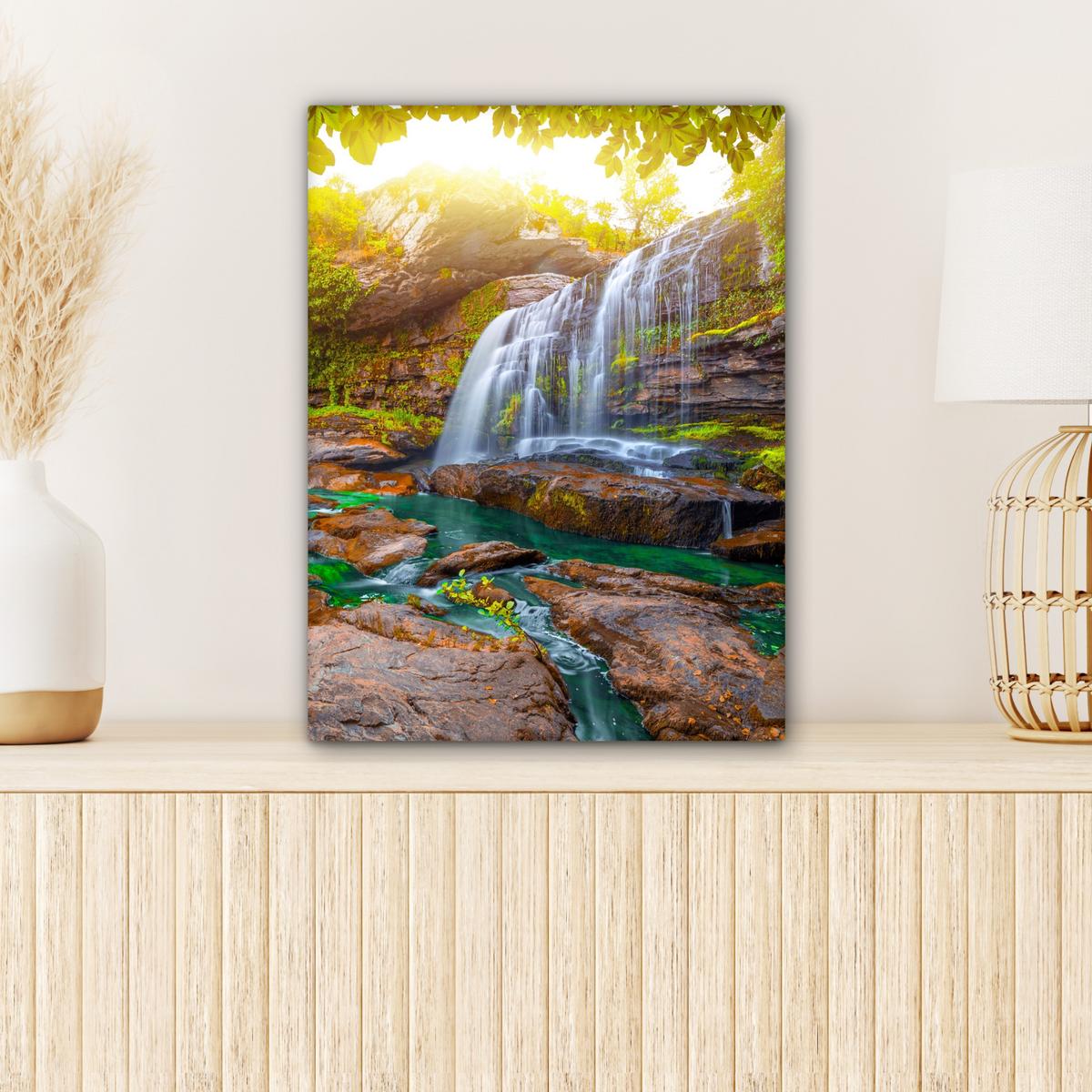 LEINWANDBILD Natur - Wasserfall - Pflanzen - Bäume - Sonne Room Decor 30x40 cm - Olivgrün, Textil (30/40cm) - MuchoWow