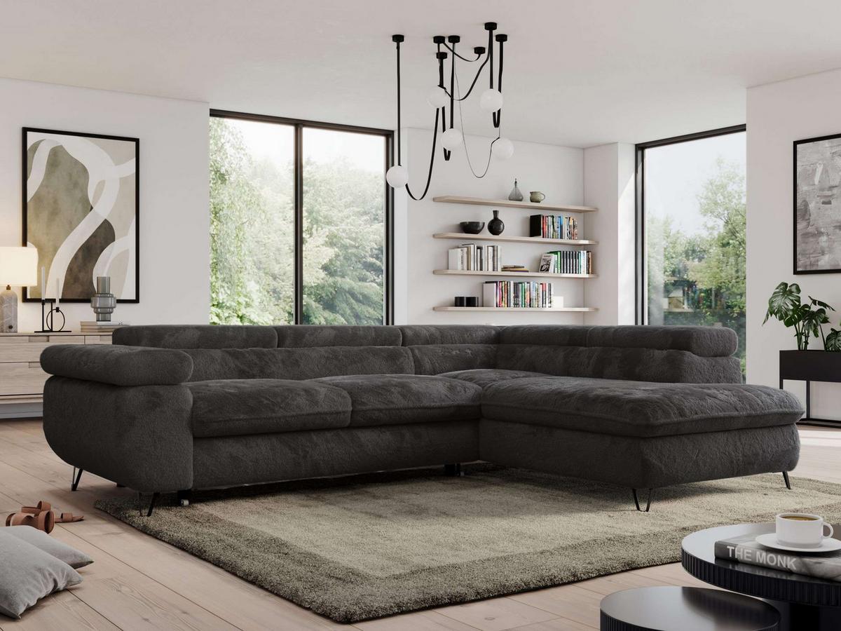 ECKSOFA PEDRO L Anthrazit Plüsch - Rechts Seite - Anthrazit/Schwarz, Textil/Metall (273/208cm) - MKS