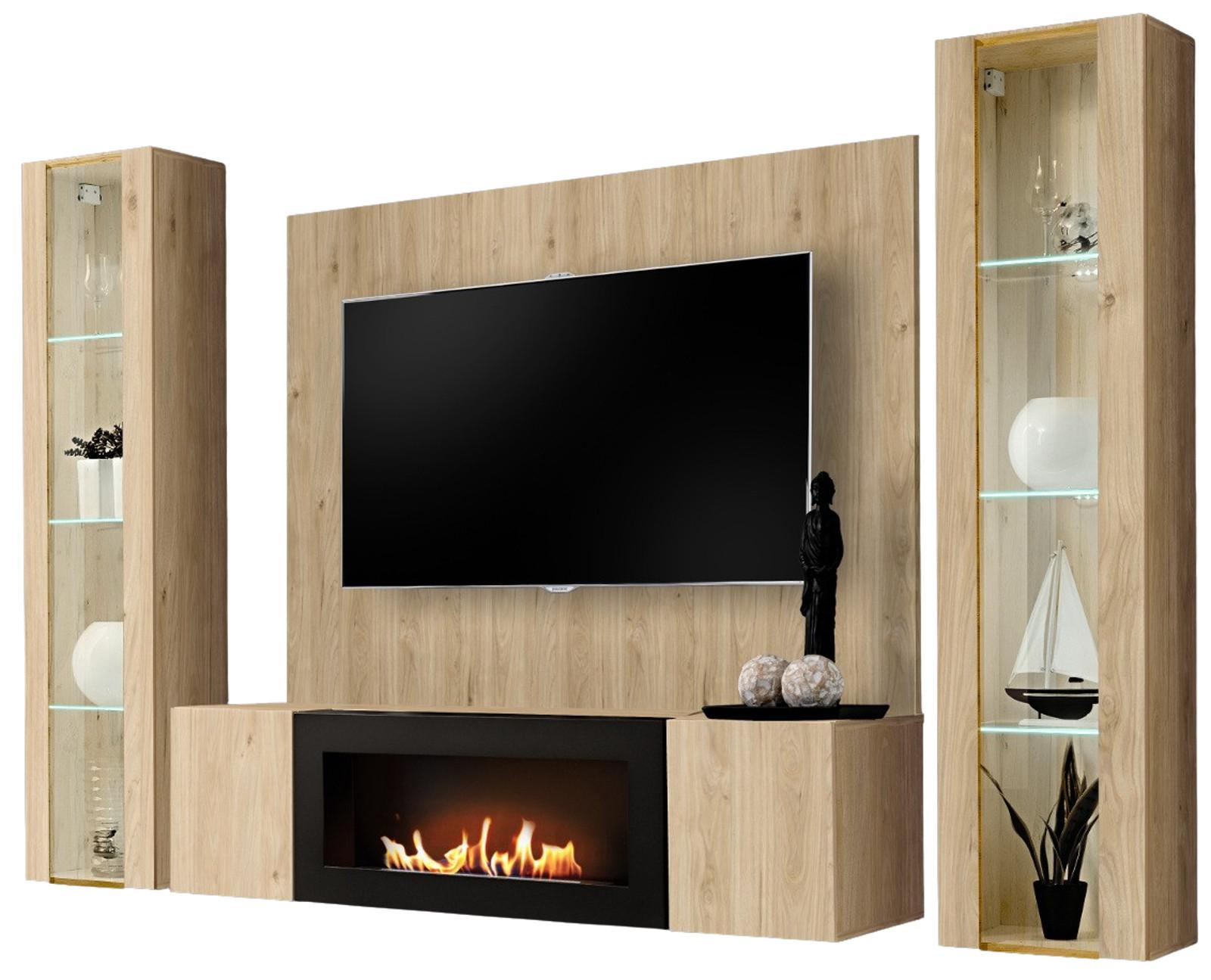 WOHNWAND Eiche Jackson 4-teilig 260 cm hängend, Schrankwand mit LED-Beleuchtung und Ethanol Kamin - Eichefarben, Glas/Holzwerkstoff (260/170/40cm) - Inn.Furn