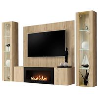 WOHNWAND Eiche Jackson 4-teilig 260 cm hängend, Schrankwand mit LED-Beleuchtung und Ethanol Kamin - Eichefarben, Glas/Holzwerkstoff (260/170/40cm) - Inn.Furn