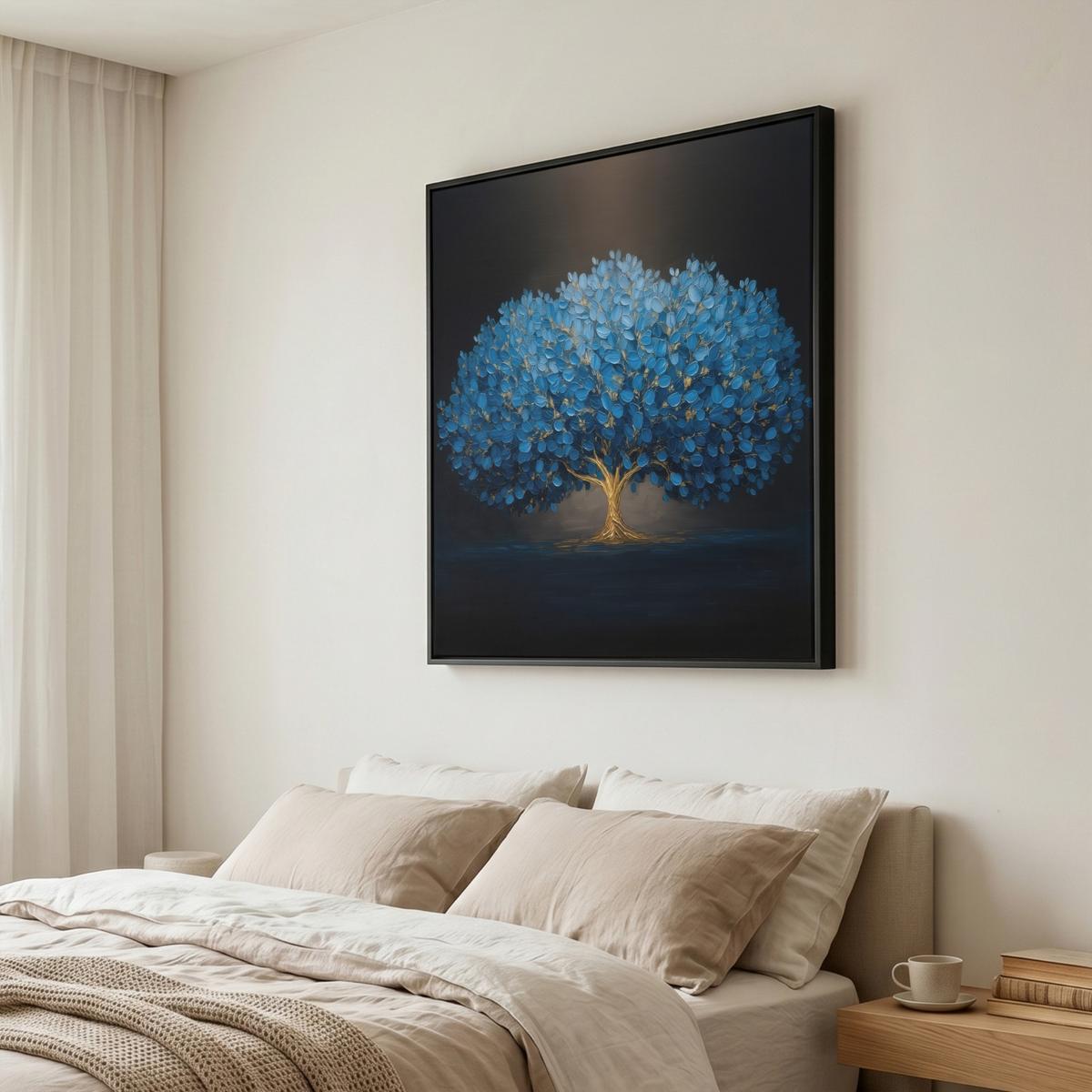 LEINWAND Bilder mit Rahmen - Baum - Blau - Blätter - Pinselstriche - 90x90 - Blau, Textil (90/90cm) - MuchoWow