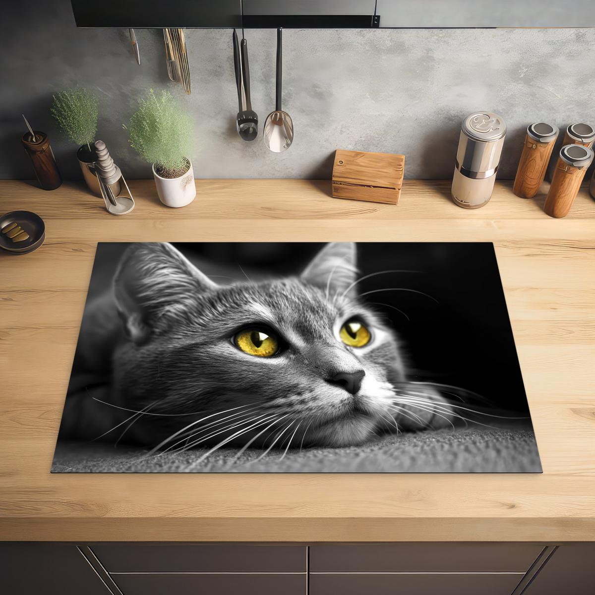 HERDABDECKPLATTE Katze - Grau - Tiere - Katze Induktionsmatte 77x51 cm - Grau, Kunststoff (77/51/0.2cm) - MuchoWow