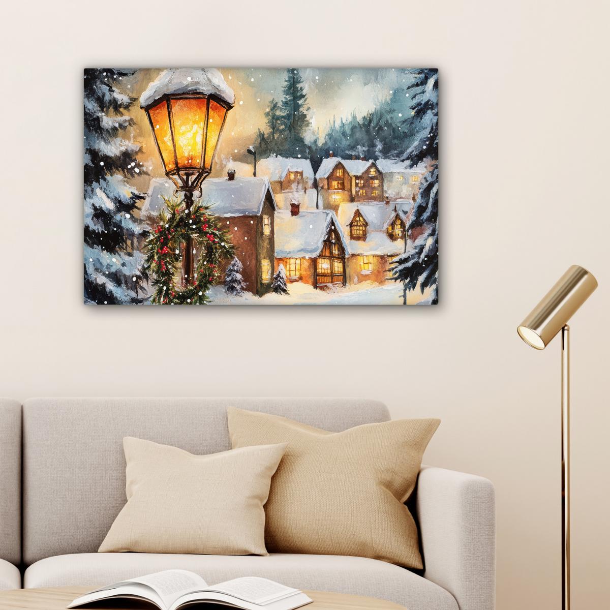 LEINWANDBILD Weihnachtsdorf - Häuser - Schnee - Weihnachten Gemälde 60x40 cm - Sandfarben, Textil (60/40cm) - MuchoWow