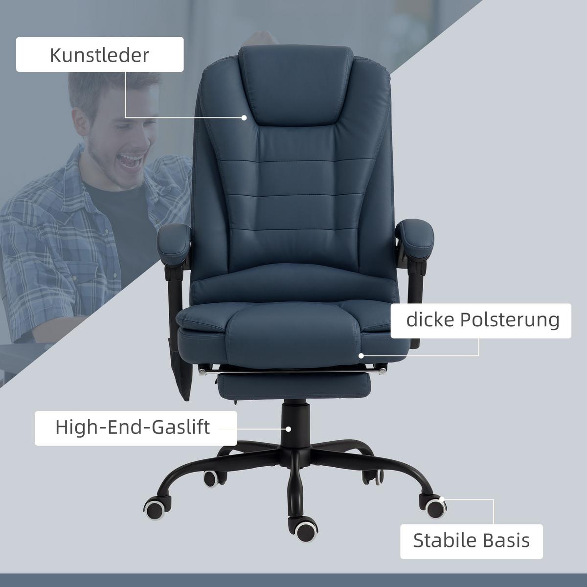 CHEFSESSEL mit 7 Punkt Massage, ergonomischer Chefsessel mit Liegefunktion - Blau/Schwarz, Kunststoff/Metall (67/121/67cm) - Vinsetto
