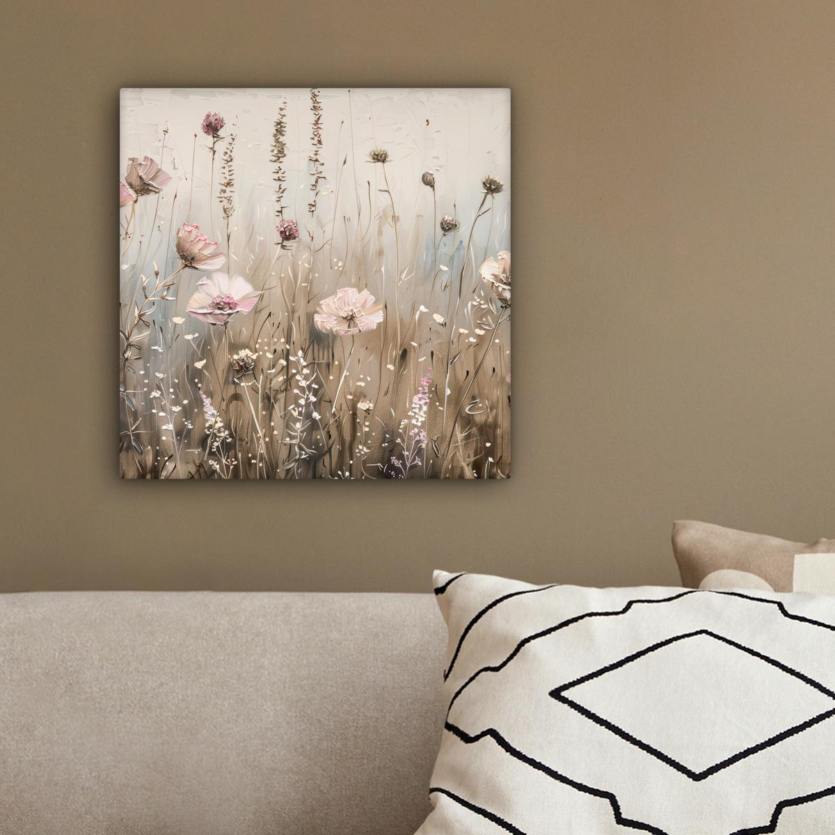 LEINWANDBILD Blumen - Rosa - Modern - Beige Deko Wohnzimmer 20x20 cm - Beige, Textil (20/20cm) - MuchoWow