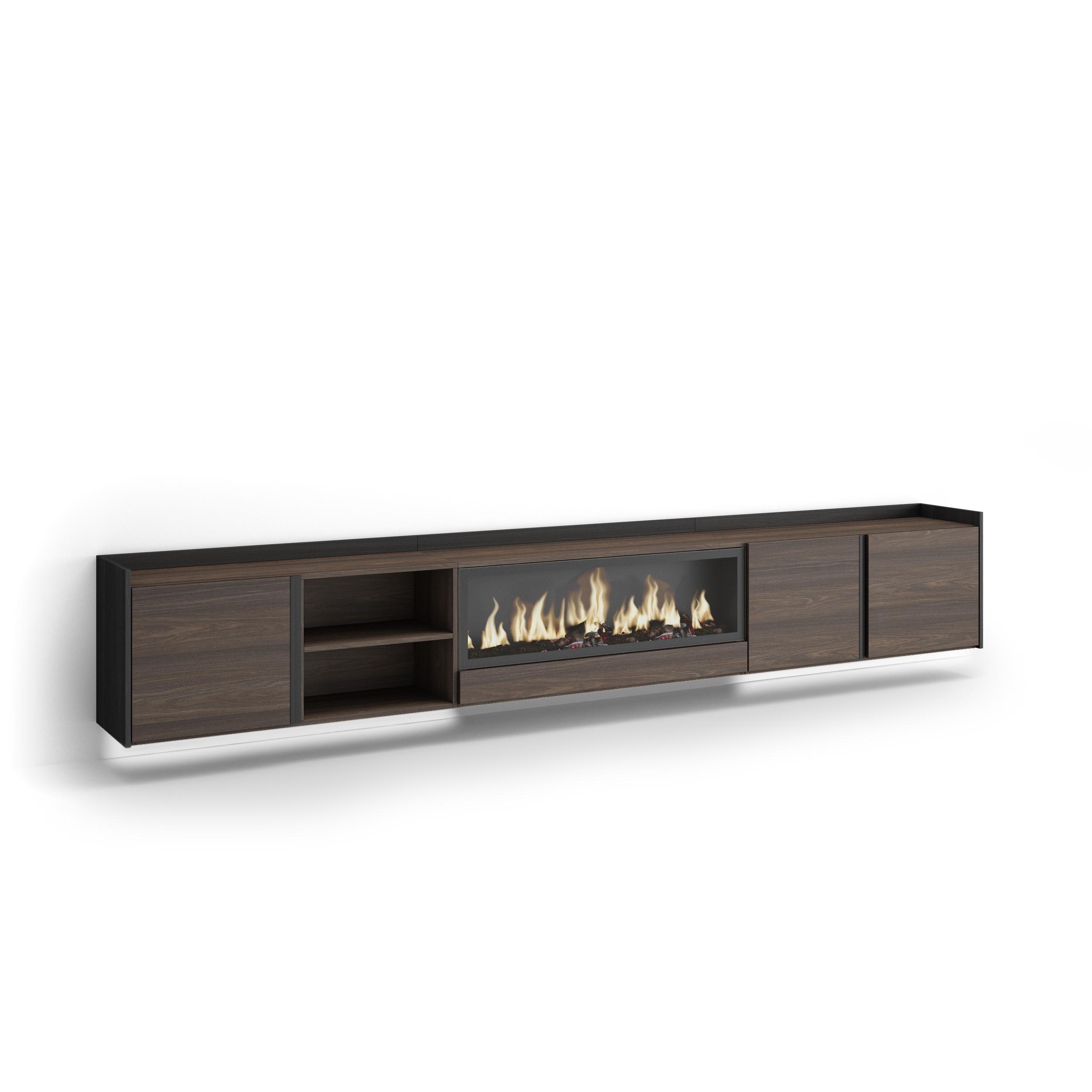 LOWBOARD, Eiche und Schwarz, 315/35/50cm, Kamin mit Feuereffekt XXL - Dunkelbraun, Holzwerkstoff (315/50/35cm) - Skraut Home