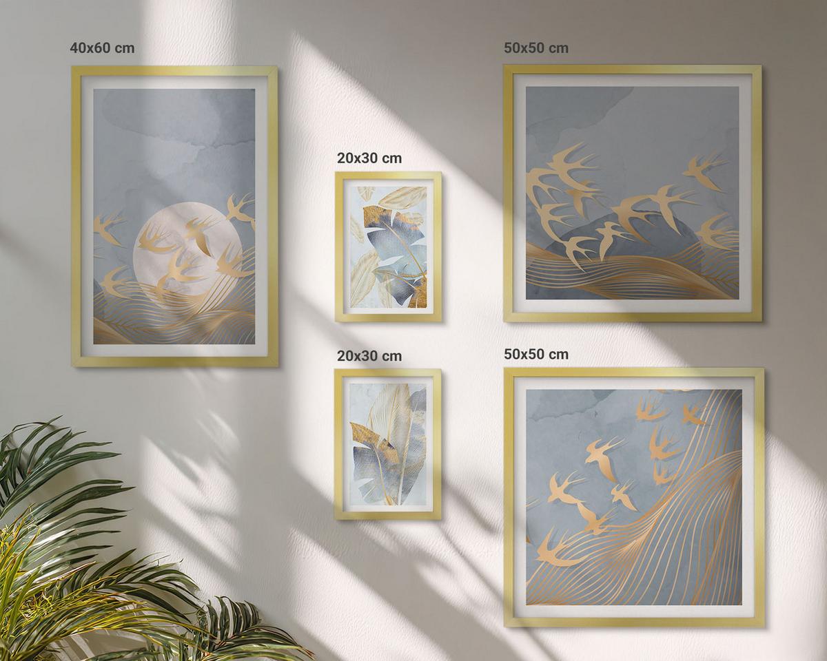BILDER SET 5er Set - 50x50 cm & 20x30 cm & 40x60 cm Goldrahmen - Blaubeige Blätter im Hintergrund - Goldfarben, Kunststoff (40/60cm) - TULUP