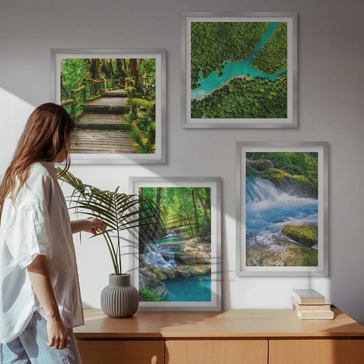 BILDER SET 4er Set - 50x50 cm & 40x60 cm Silberner Rahmen - Grüne Wälder, kristallklares Wasser - Silberfarben, Kunststoff (50/50cm) - TULUP