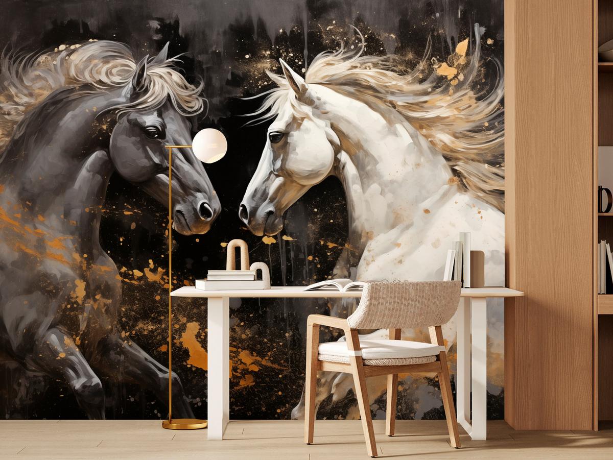 FOTOTAPETE für Büro Schwarz-Weiß Pferd Aquarell Goldakzente Eleganz 350x256 - Beige/Schwarz, Papier (350/256cm) - Muralo