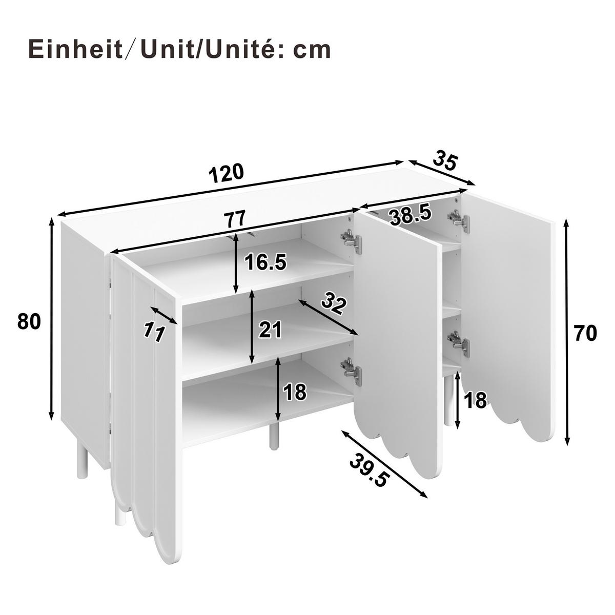 SIDEBOARD mdf in weiß mit wellentüren, push-to-open & verstellbaren einlegeböden - Weiß, Holzwerkstoff/Metall (120/80/35cm) - Urban Meuble