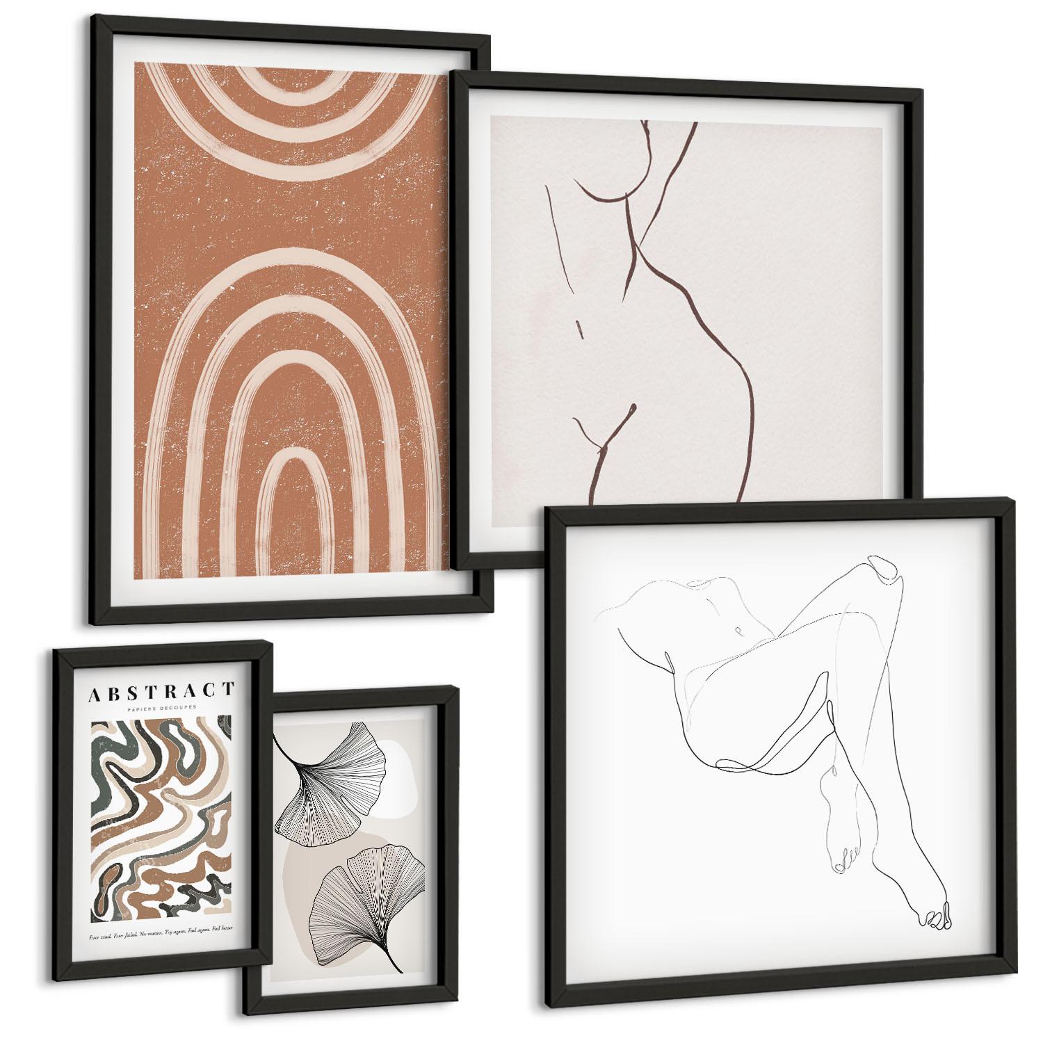 BILDER SET 5er Set - 50x50 cm & 20x30 cm & 40x60 cm Schwarzer Rahmen - Abstrakte Boho-Blattformen - Schwarz, Kunststoff (40/60cm) - TULUP