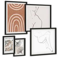 BILDER SET 5er Set - 50x50 cm & 20x30 cm & 40x60 cm Schwarzer Rahmen - Abstrakte Boho-Blattformen - Schwarz, Kunststoff (40/60cm) - TULUP