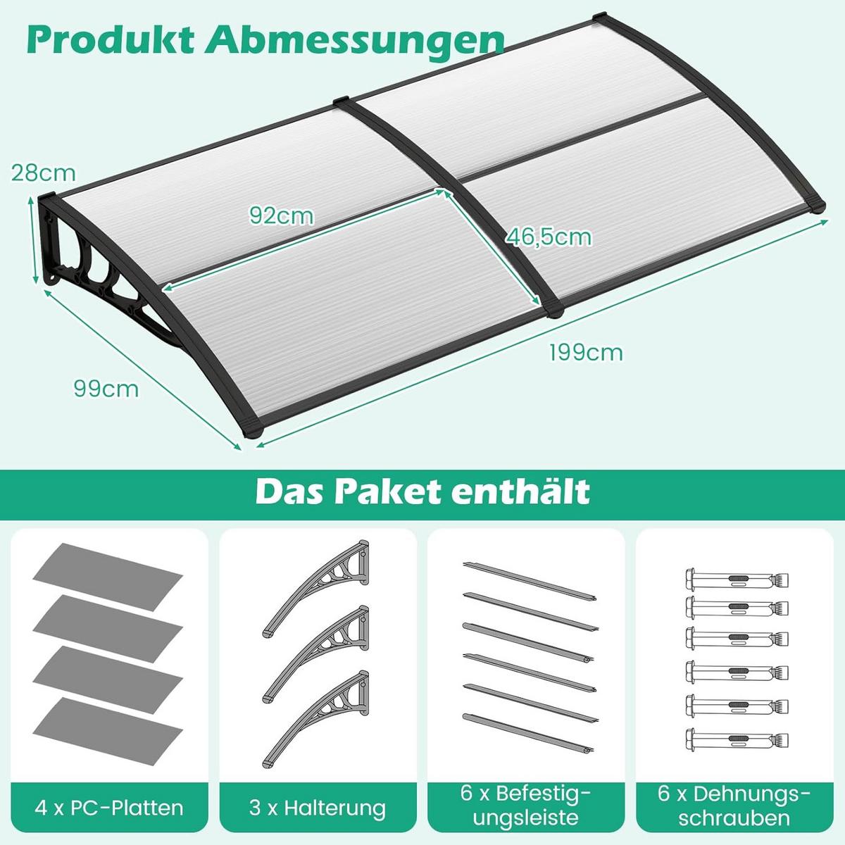 HAUSTÜRVORDACH Grau - Grau, Kunststoff (199/28/99cm) - COSTWAY