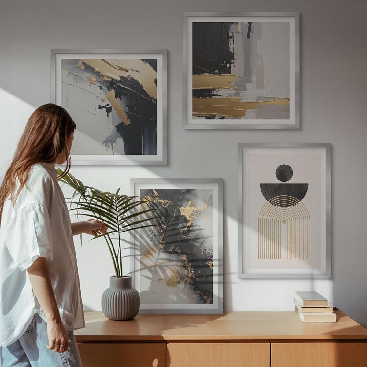 BILDER SET 4er Set - 50x50 cm & 40x60 cm Silberner Rahmen - Abstrakte Geometrie-Komposition - Silberfarben, Kunststoff (50/50cm) - TULUP