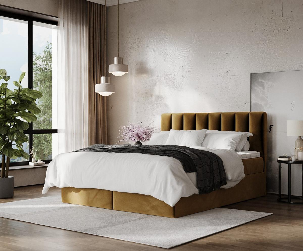 BOXBETT Lusso 140/200 cm Honiggelb im Kronos Stoff - Schwarz/Honig, Holz/Holzwerkstoff (140/200cm) - AltaBeds