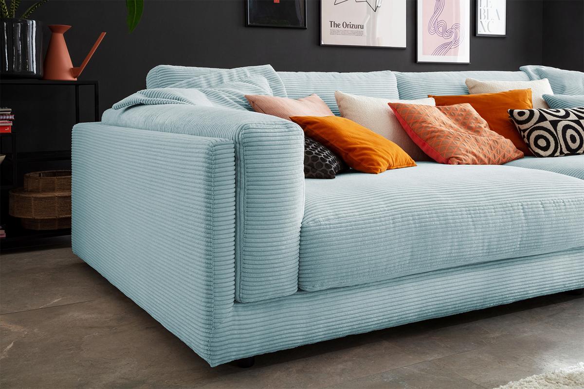 BIG SOFA RAINA Hellblau Cord - Schwarz/Hellblau, Kunststoff/Textil (254/85/150cm) - KAWOLA