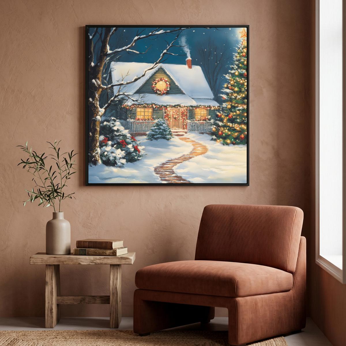 LEINWAND Bilder mit Rahmen - Weihnachten - Weihnachtsbaum - Winter - Zuhause - Schnee - 90x90 - Smaragdgrün, Textil (90/90cm) - MuchoWow