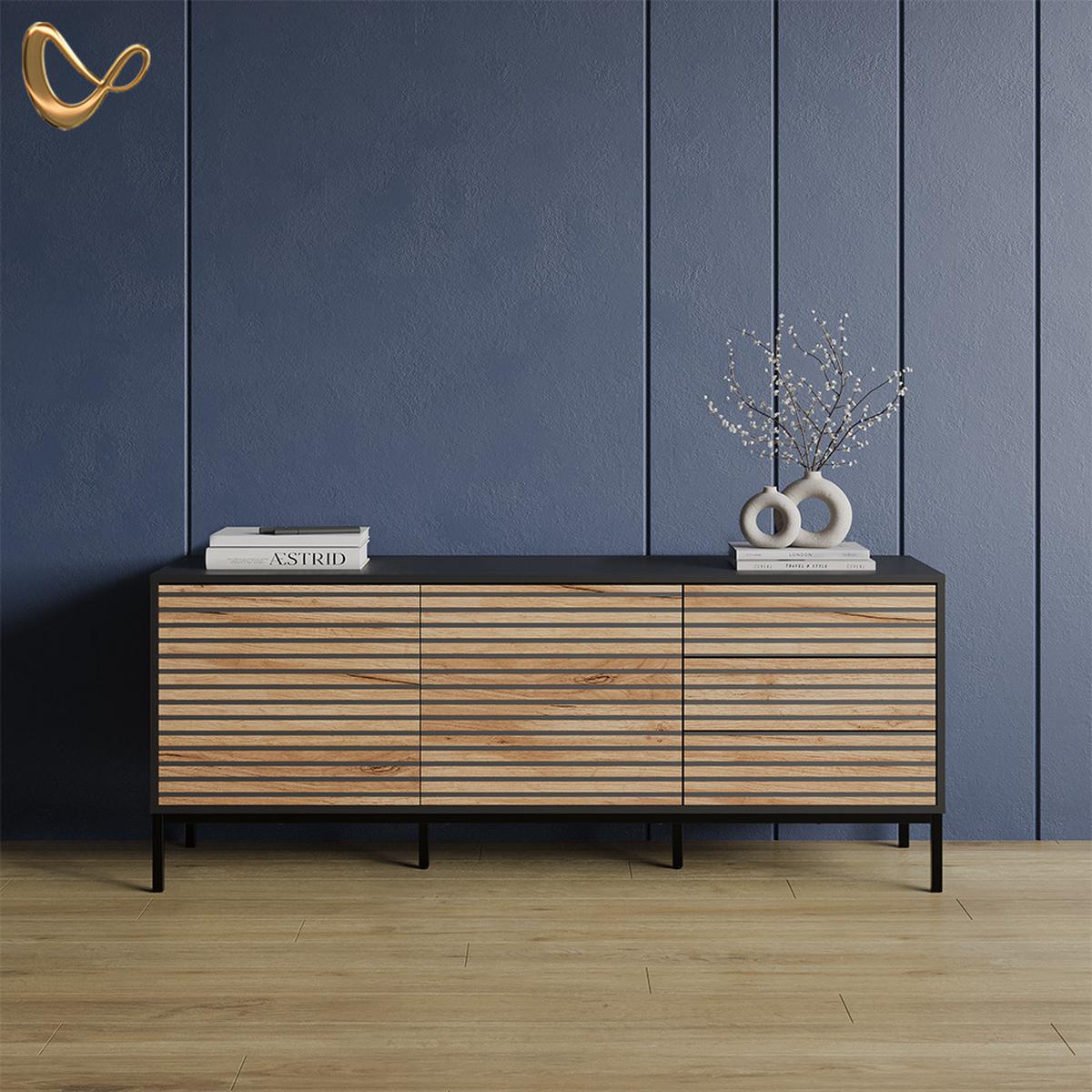 LOWBOARD Aterno Goldkraft Eiche/Anthrazit 150 x 60 cm mit 3 Schubladen - Honigeiche/Anthrazit, Holzwerkstoff (150/60/40cm) - Livinity®