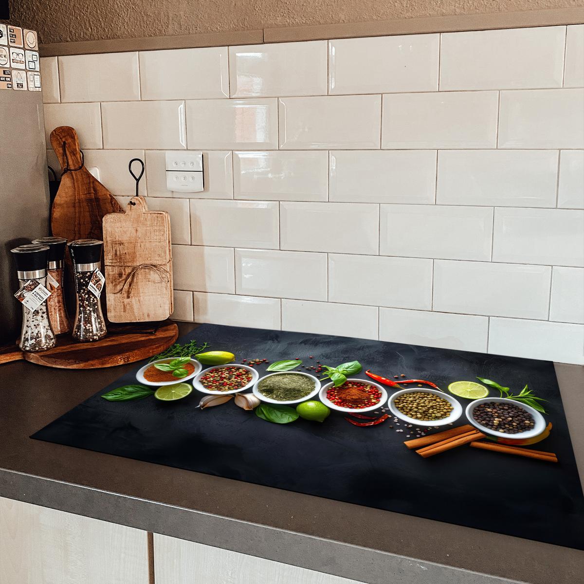 HERDABDECKPLATTE Kräuter - Gewürze - Konkrete Optik - Stilleben Ceranfeldabdeckung 78x52 cm - Multicolor, Kunststoff (78/52/0.2cm) - MuchoWow