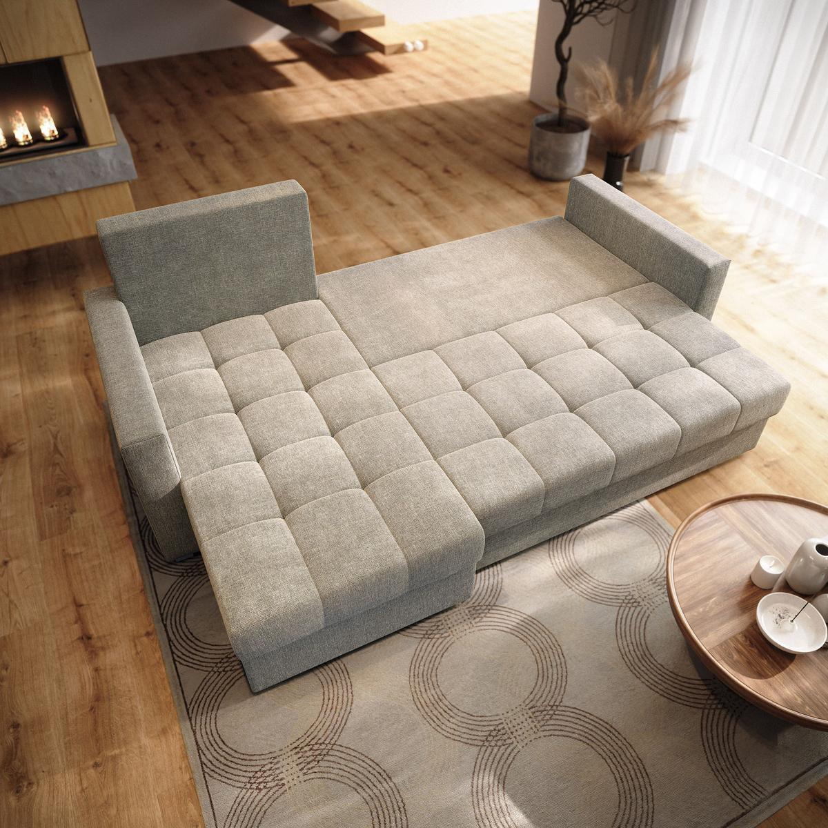 ECKSOFA NIDA Beige Geflochtener Stoff mit Schlaffunktion - Beige, Holz (220/143cm) - MASSENO