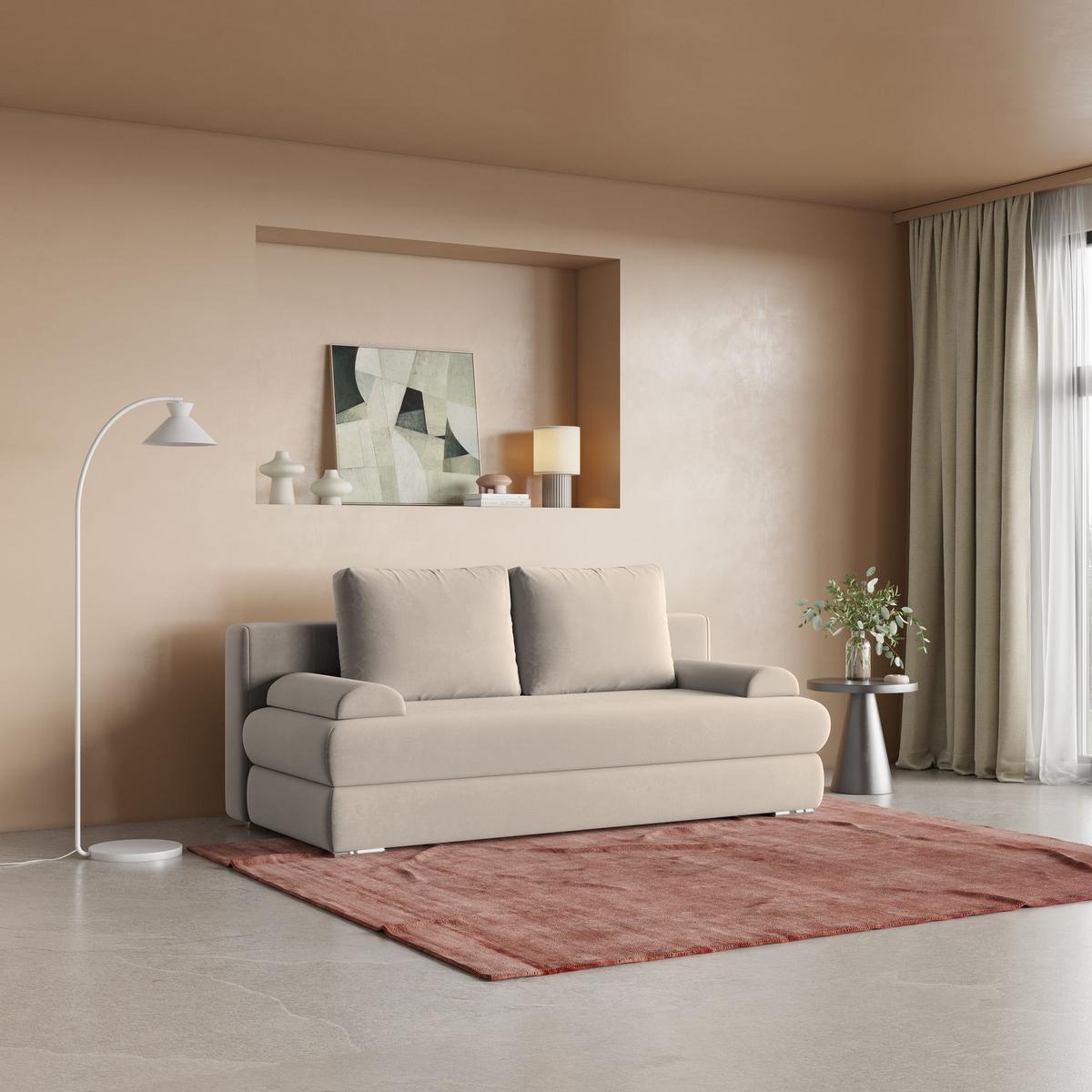 SCHLAFSOFA ASPERO Beige Plüsch-Stoff mit Schlaffunktion - Beige, Holz (200/95/75cm) - MASSENO