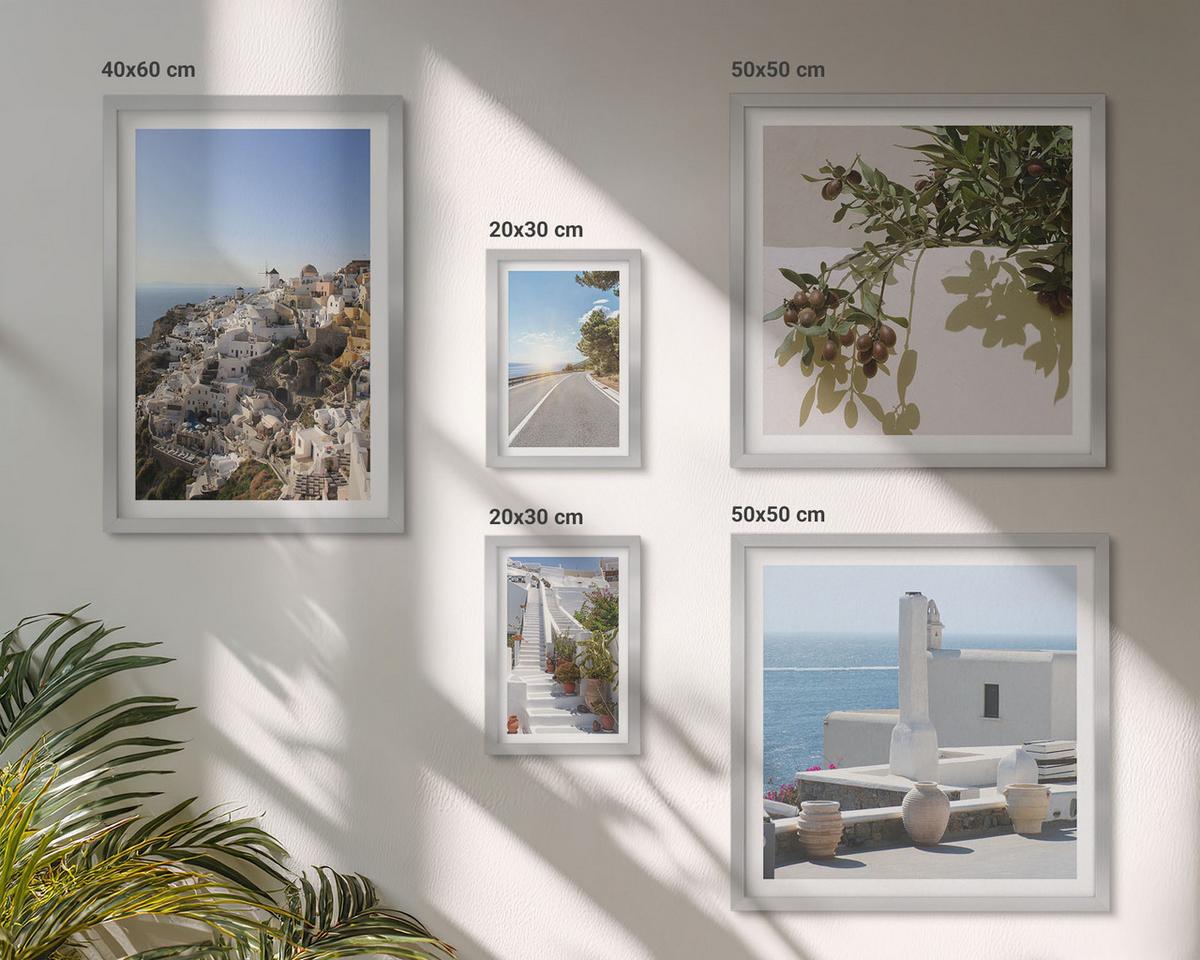 BILDER SET 5er Set - 50x50 cm & 20x30 cm & 40x60 cm Silberner Rahmen - Weiße Treppe mit Blick auf Santorini - Silberfarben, Kunststoff (40/60cm) - TULUP