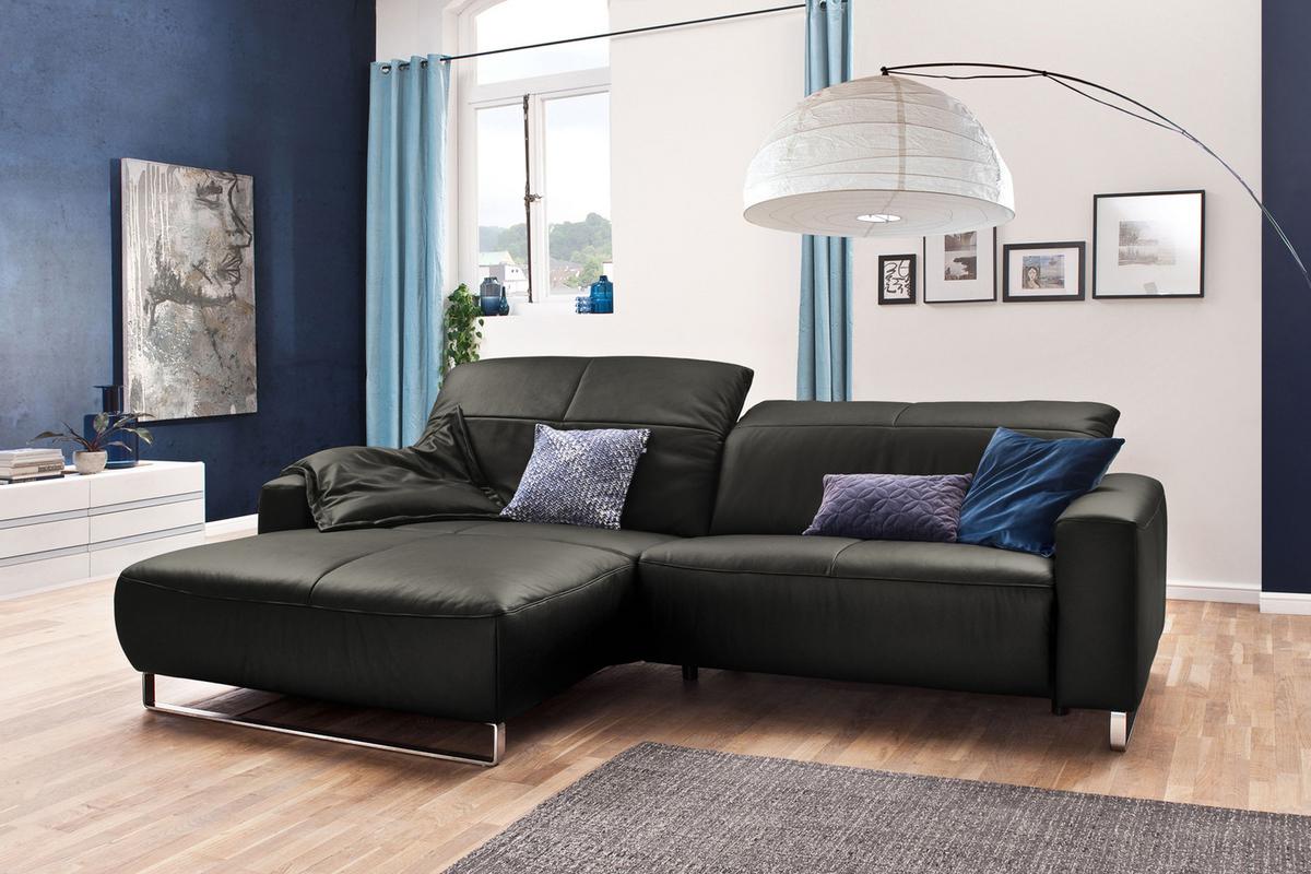 ECKSOFA MIT SITZTIEFENVERSTELLUNG YORK Granit Leder Relaxfunktion - Dunkelgrau/Silberfarben, Leder (284/180cm) - KAWOLA