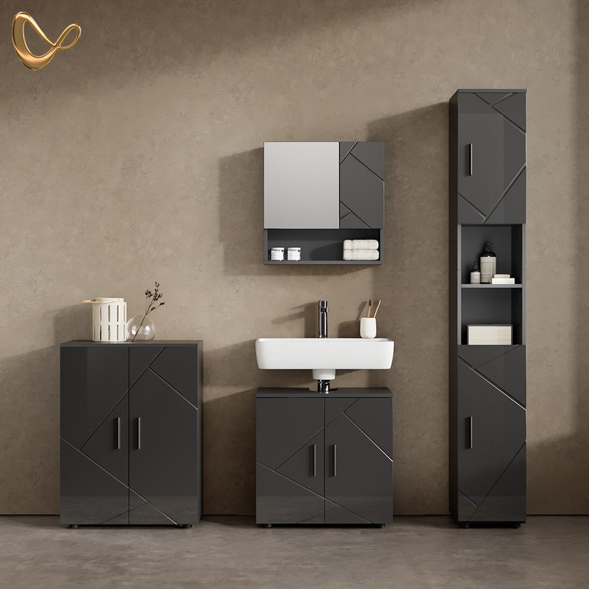 BADMÖBEL-SET Ronco Anthrazit Hochglanz 4 Teile, mit Hochschrank und Kommode - Schwarz Hochglanz, Holzwerkstoff (60/192/30cm) - Livinity®