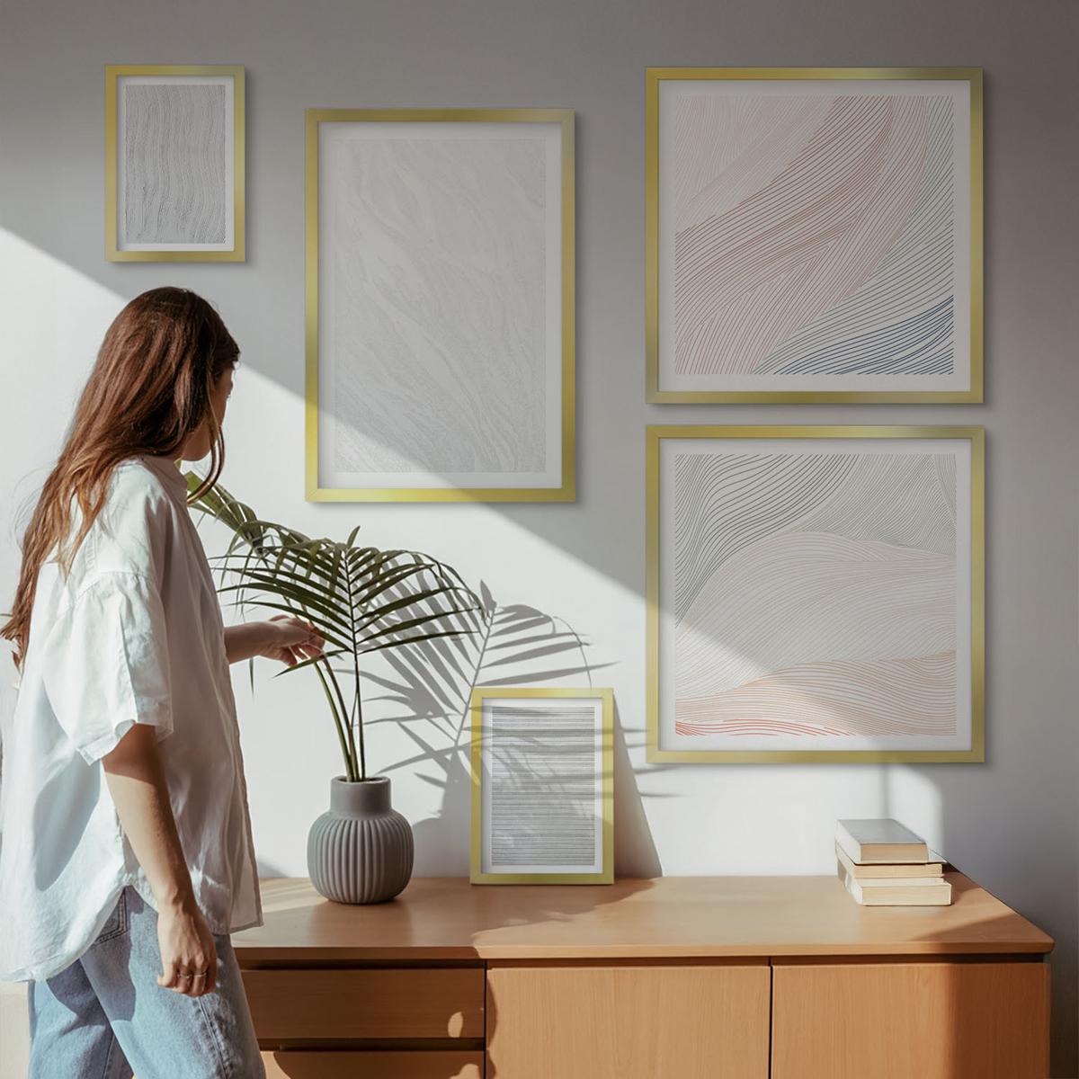 BILDER SET 5er Set - 50x50 cm & 20x30 cm & 40x60 cm Goldrahmen - Leuchtende Strukturen, Sandmuster - Goldfarben, Kunststoff (40/60cm) - TULUP
