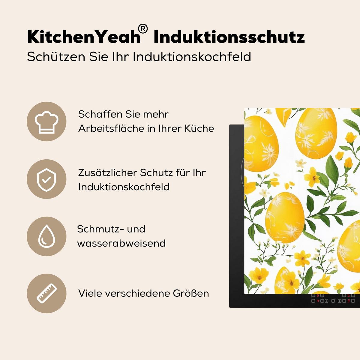 HERDABDECKPLATTE Blumen - Ostereier - Gelb Ceranfeldabdeckung 80x52 cm - Gelb, Kunststoff (80/52/0.2cm) - MuchoWow