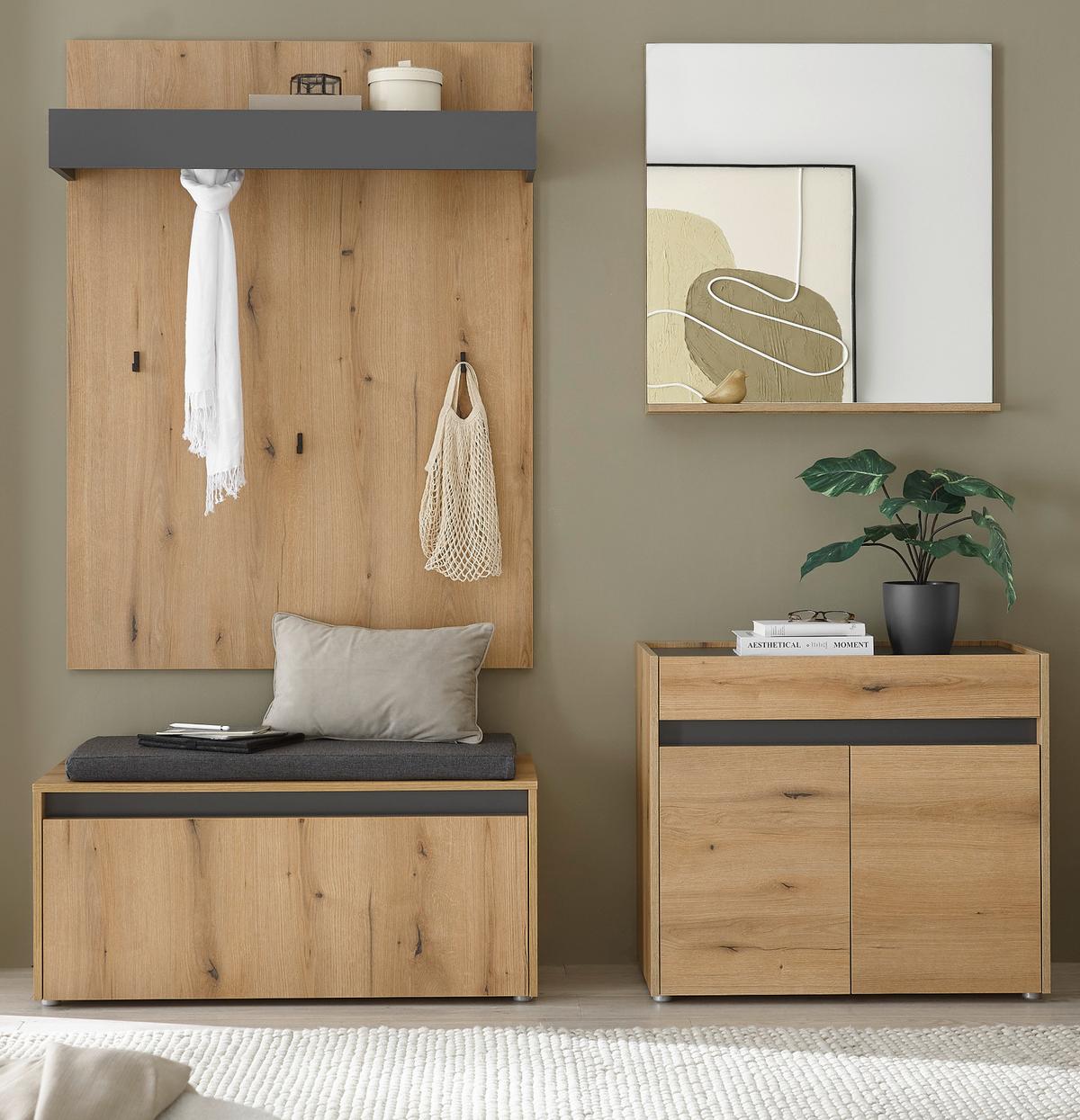 GARDEROBE-SET Evoke Eiche mit Grau, 5-teilige Flurgarderobe 190 cm inklusive Sitzkissen - Eichefarben/Schwarz, Glas/Holzwerkstoff (190/200/40cm) - Furn.Design
