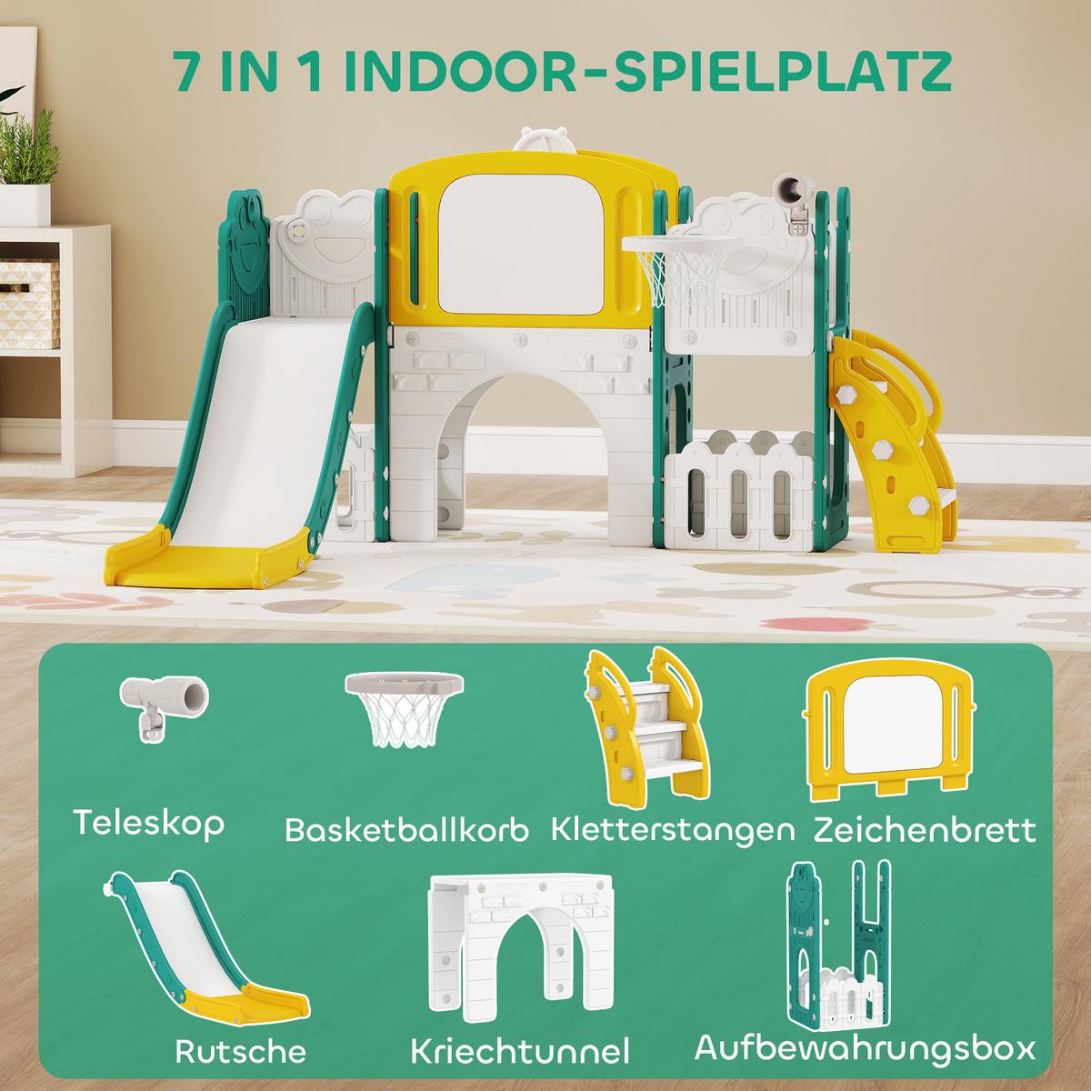 KINDERRUTSCHE 7 in 1 Indoor und Outdoor Babyrutsche mit Basketballkorb, Gelb - Gelb, Kunststoff (150/94/176cm) - AIYAPLAY