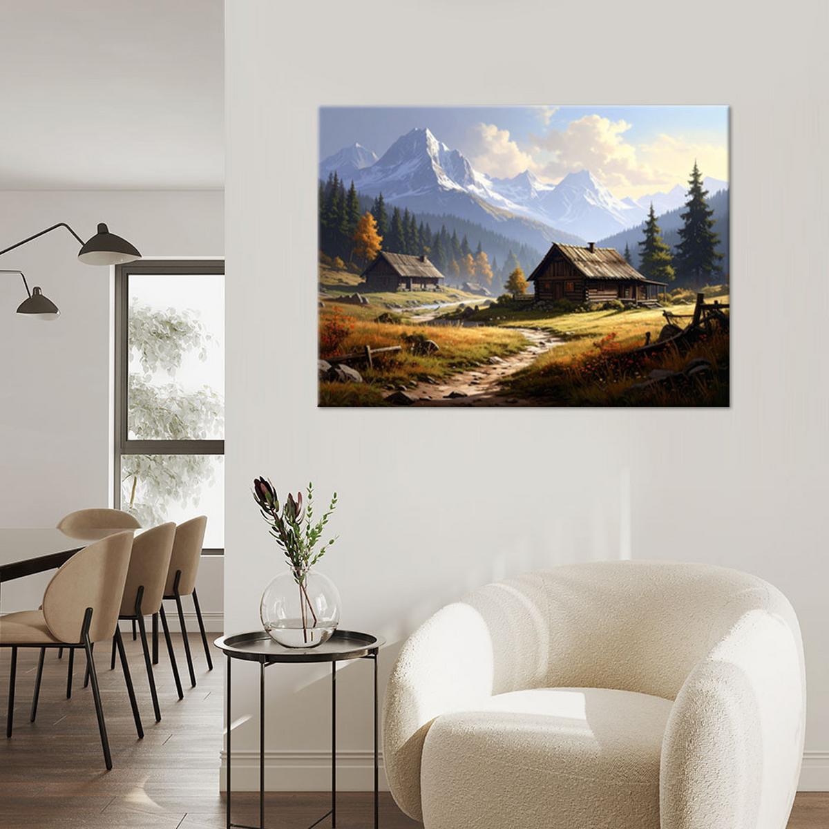 LEINWANDBILD, Berglandschaft mit Häuschen - Natur - Grün, Textil (100/70cm) - Feeby