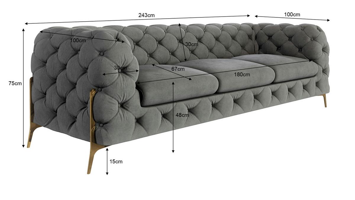 CHESTERFIELD-SOFA 3-Sitzer Lexi Grau Samt - Goldfarben/Grau, Holz/Textil (243/75/100cm) - S-Style Möbel