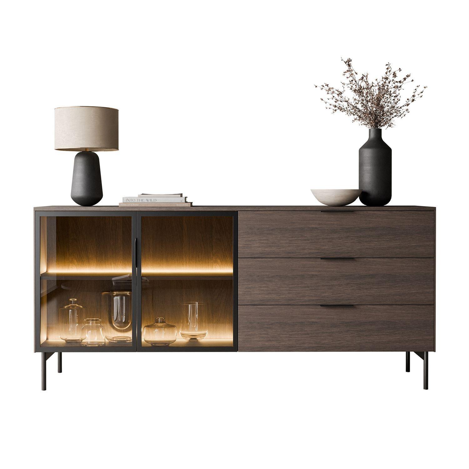 SIDEBOARD LINEA LOFT mit LED-Beleuchtung Eiche + Schwarz - Eichefarben, Holzwerkstoff (181/83/39cm) - Lookway