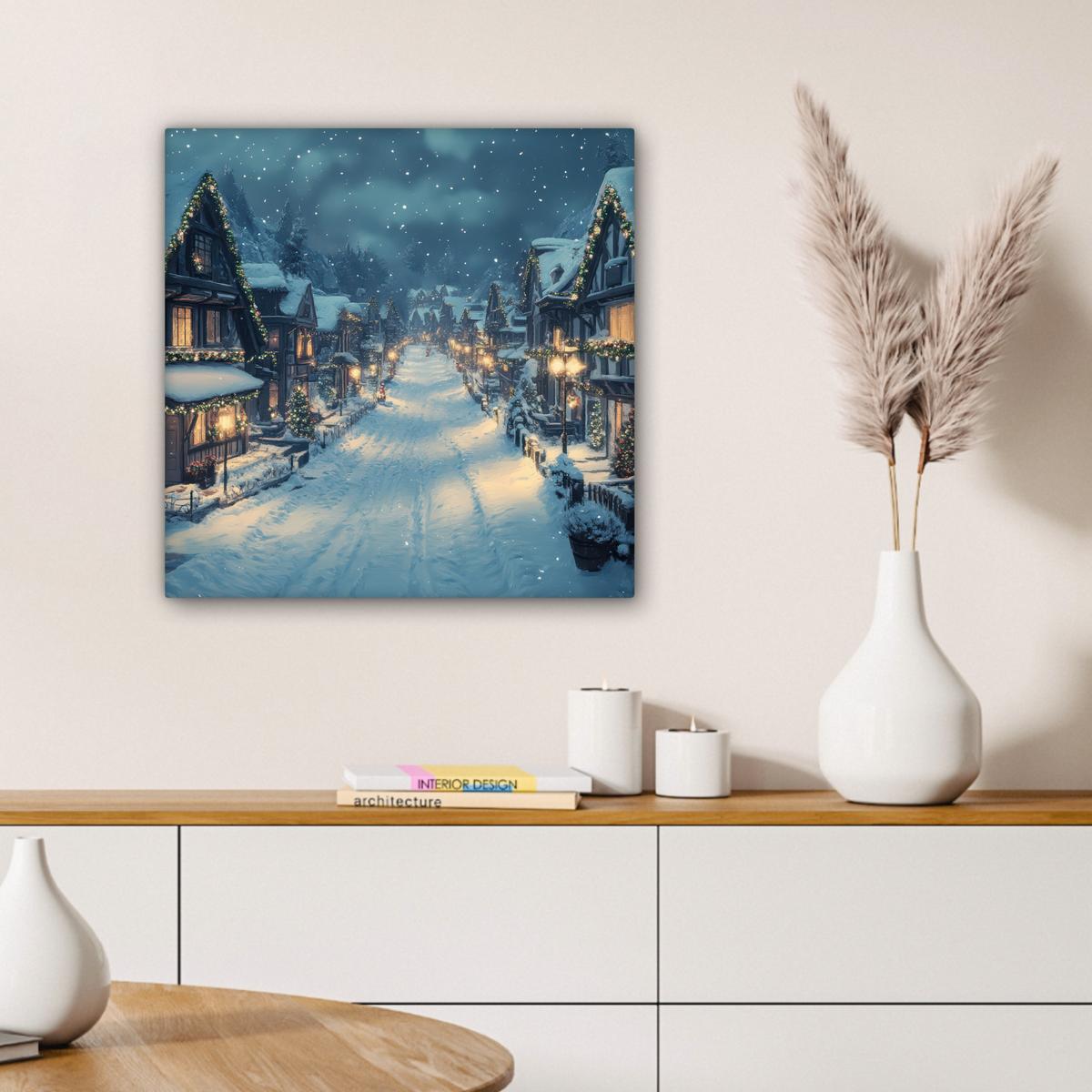 LEINWANDBILD Weihnachtsdorf - Weihnachten - Schnee - Winter Wandbild Wohnzimmer 50x50 cm - Dunkelblau, Textil (50/50cm) - MuchoWow