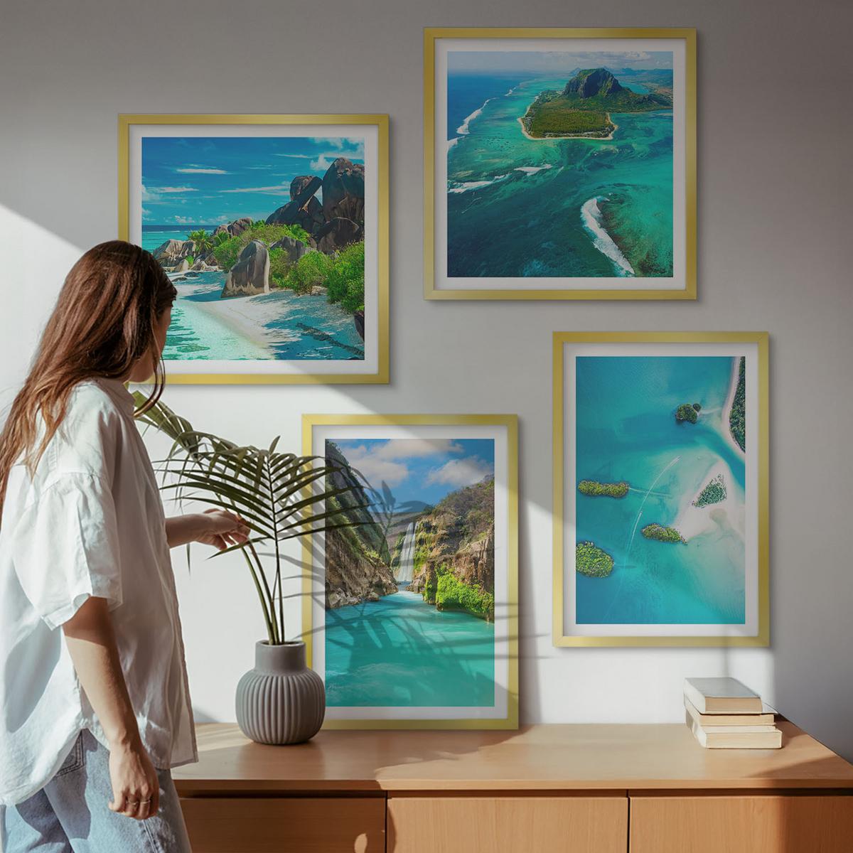 BILDER SET 4er Set - 50x50 cm & 40x60 cm Goldrahmen - Tropische türkisfarbene Inseln - Goldfarben, Kunststoff (50/50cm) - TULUP