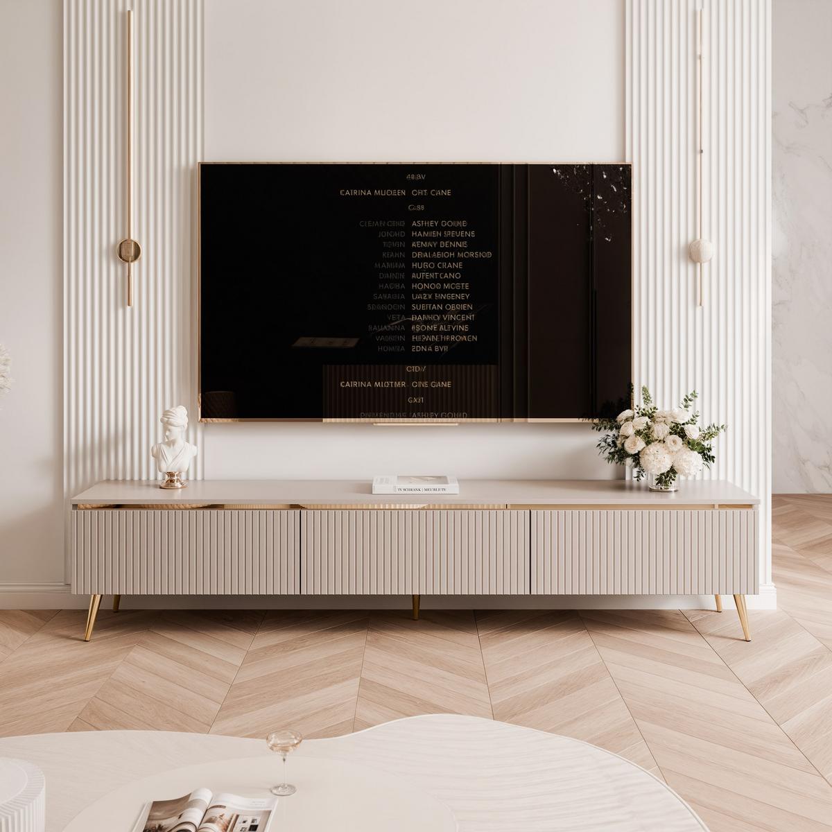 GERIFFELTER TV-Schrank SELIA 200 cm auf Füßen, Kaschmir mit goldener Zierleiste und LED-Beleuchtung - Kaschmir, Holzwerkstoff (200/42/35cm) - Idohome