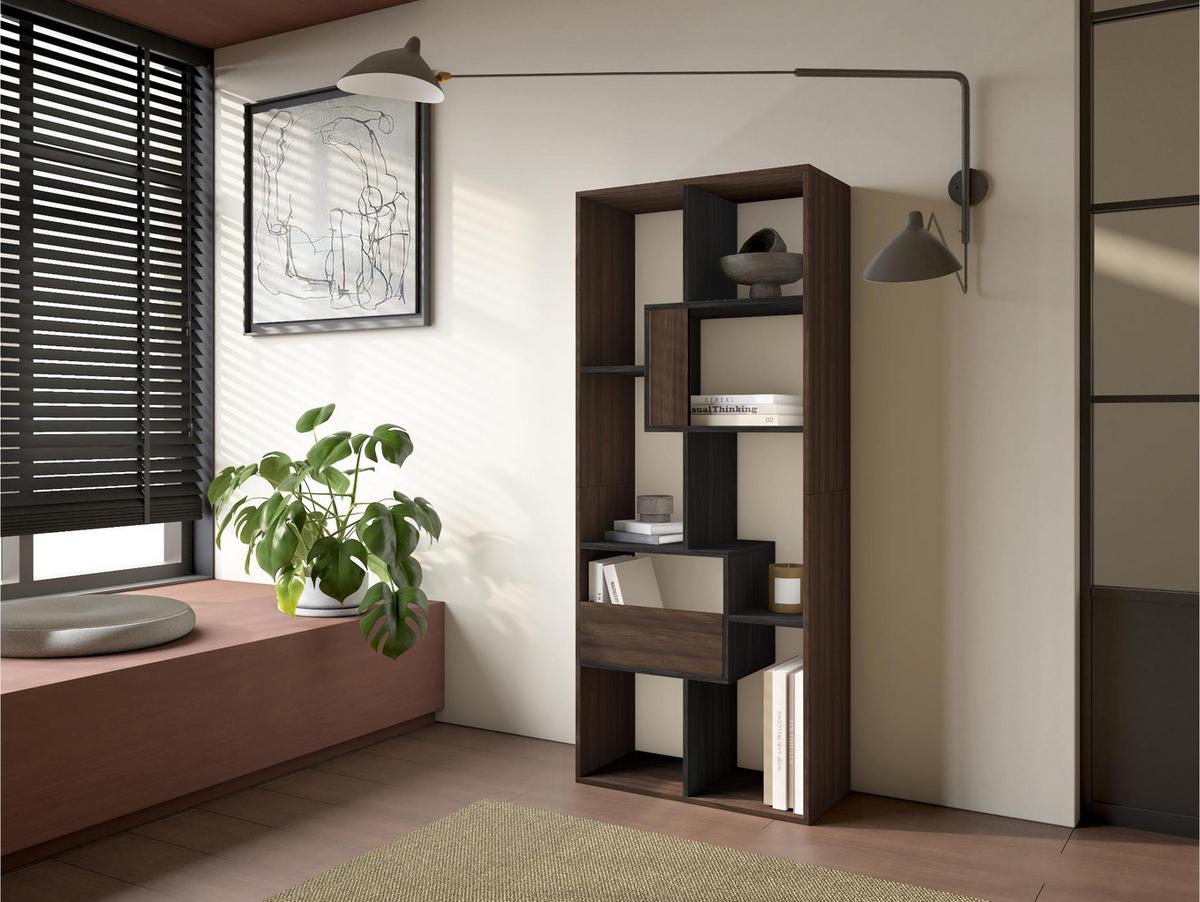 REGAL Bibliothek, Eiche dunkel und Schwarz, 67/31/162cm - Dunkelbraun/Schwarz, Holzwerkstoff (67/162/31cm) - Skraut Home
