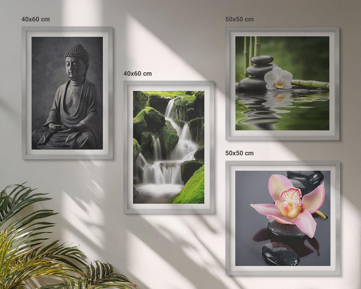 BILDER SET 4er Set - 50x50 cm & 40x60 cm Silberner Rahmen - Zen-Gemälde, Wassersteine, Buddha - Silberfarben, Kunststoff (50/50cm) - TULUP