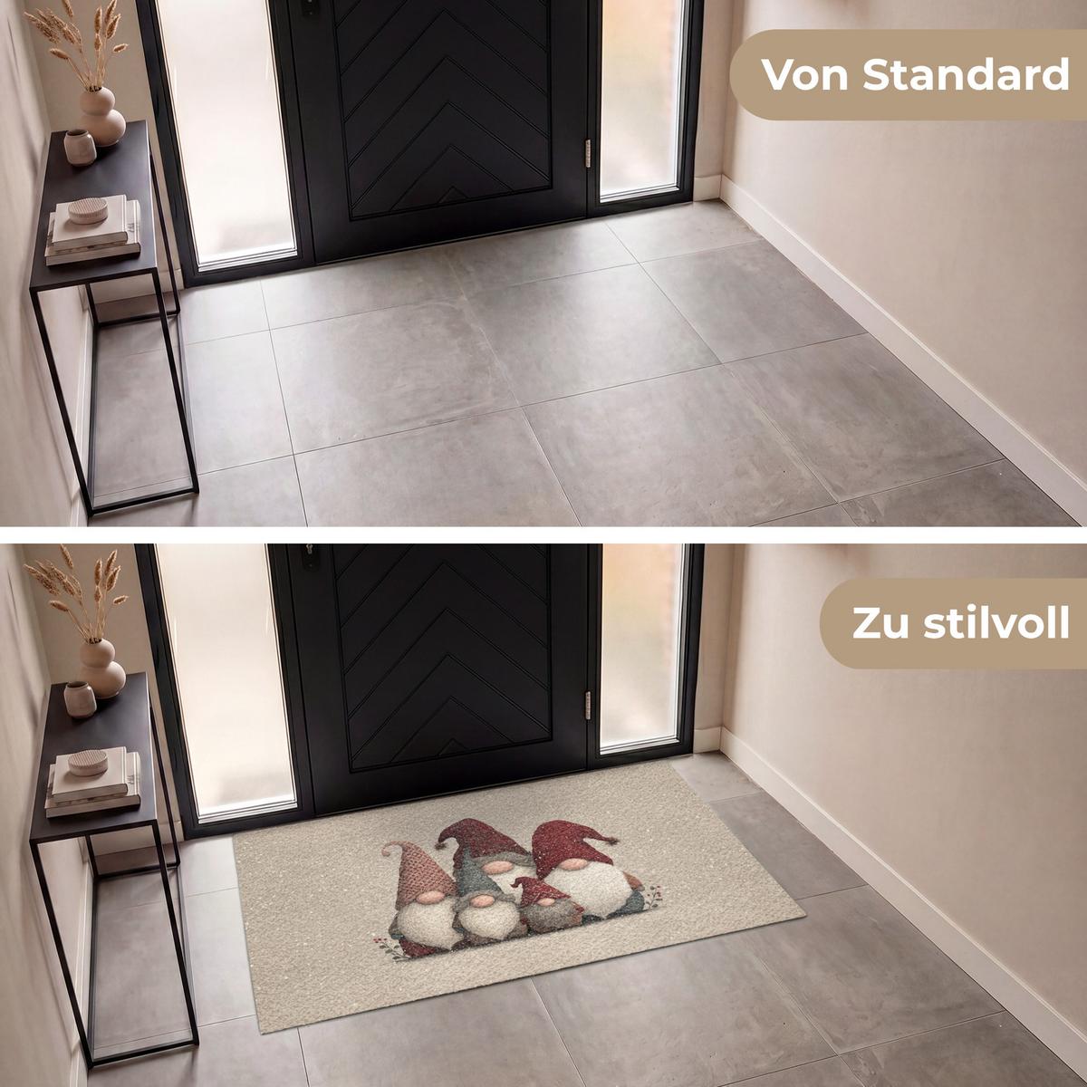 FUSSMATTE Wichtel - Weihnachten - Schnee - Zipfelmützen Türmatte 150x90 cm - Beige, Kunststoff (150/0.4cm) - MuchoWow