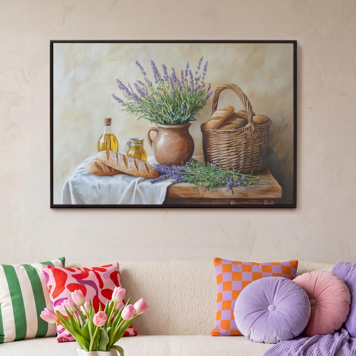 LEINWAND Bilder mit Rahmen - Lavendel - Brot - Stilleben - 90x60 - Flieder, Textil (90/60cm) - MuchoWow