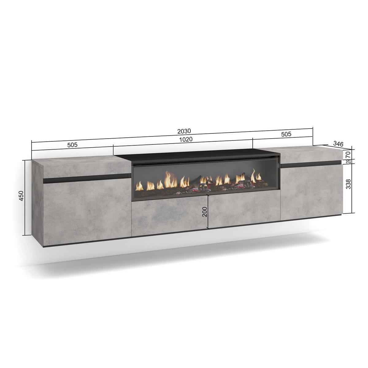 TV-SCHRANK mit Elektrokamin, zementgrau, Hängend, 200/35/45cm - Hellgrau/Grau, Holzwerkstoff (200/45/35cm) - Skraut Home