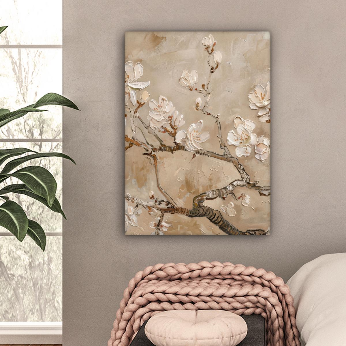LEINWANDBILD Blumen - Modern - Beige - Weiß - Blüte Wandbild Wohnzimmer 60x80 cm - Beige, Textil (60/80cm) - MuchoWow