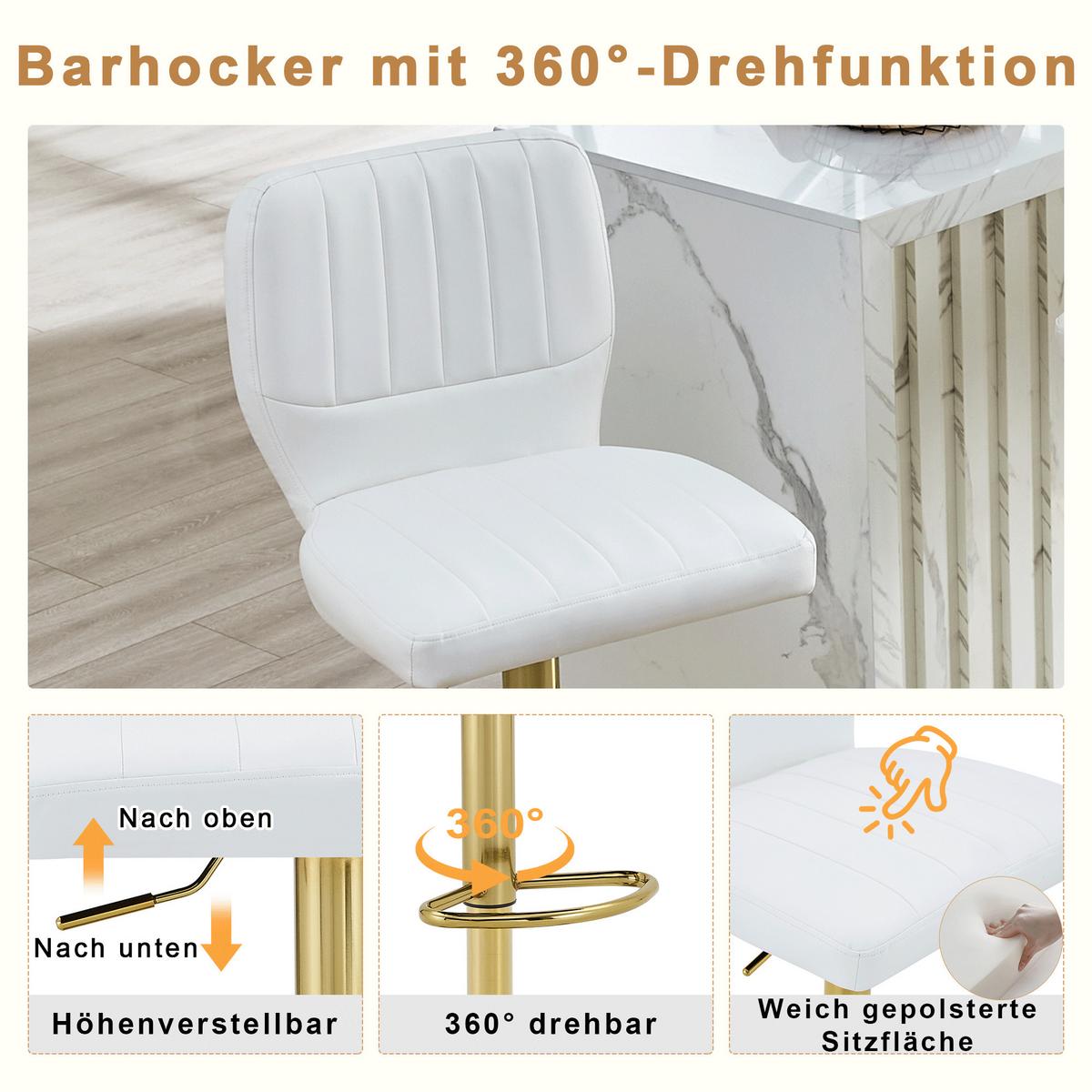 BARHOCKER 2ER-SET aus Kunstleder in Weiß und Gold, höhenverstellbar und 360° drehbar - Weiß, Leder (52/62/45cm) - Urban Meuble