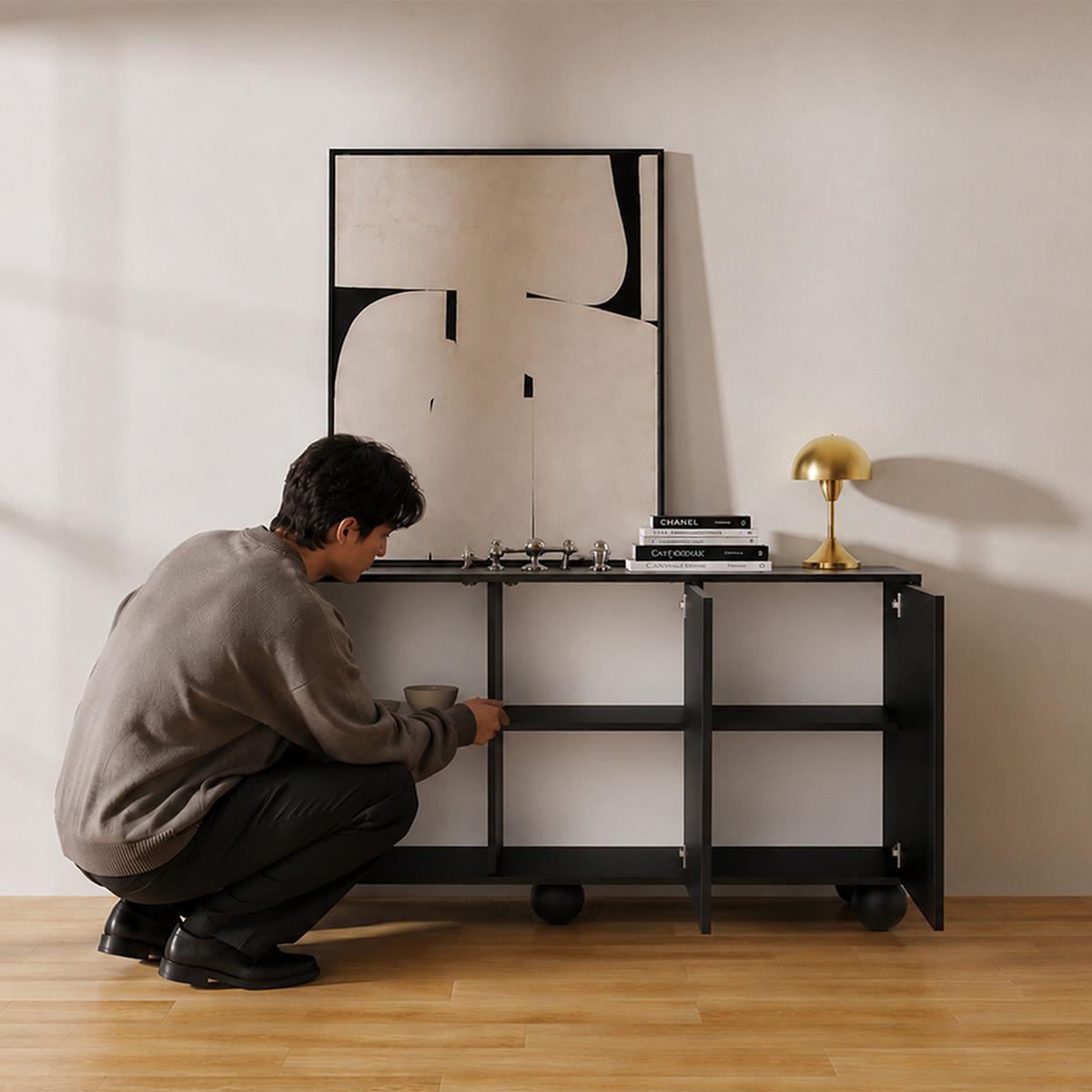 KOMMODE Adel mit 3 Türen und runden Füßen, 154 cm, Griffloss, Schwarz - Schwarz, Holzwerkstoff (154/81/38cm) - Beautysofa
