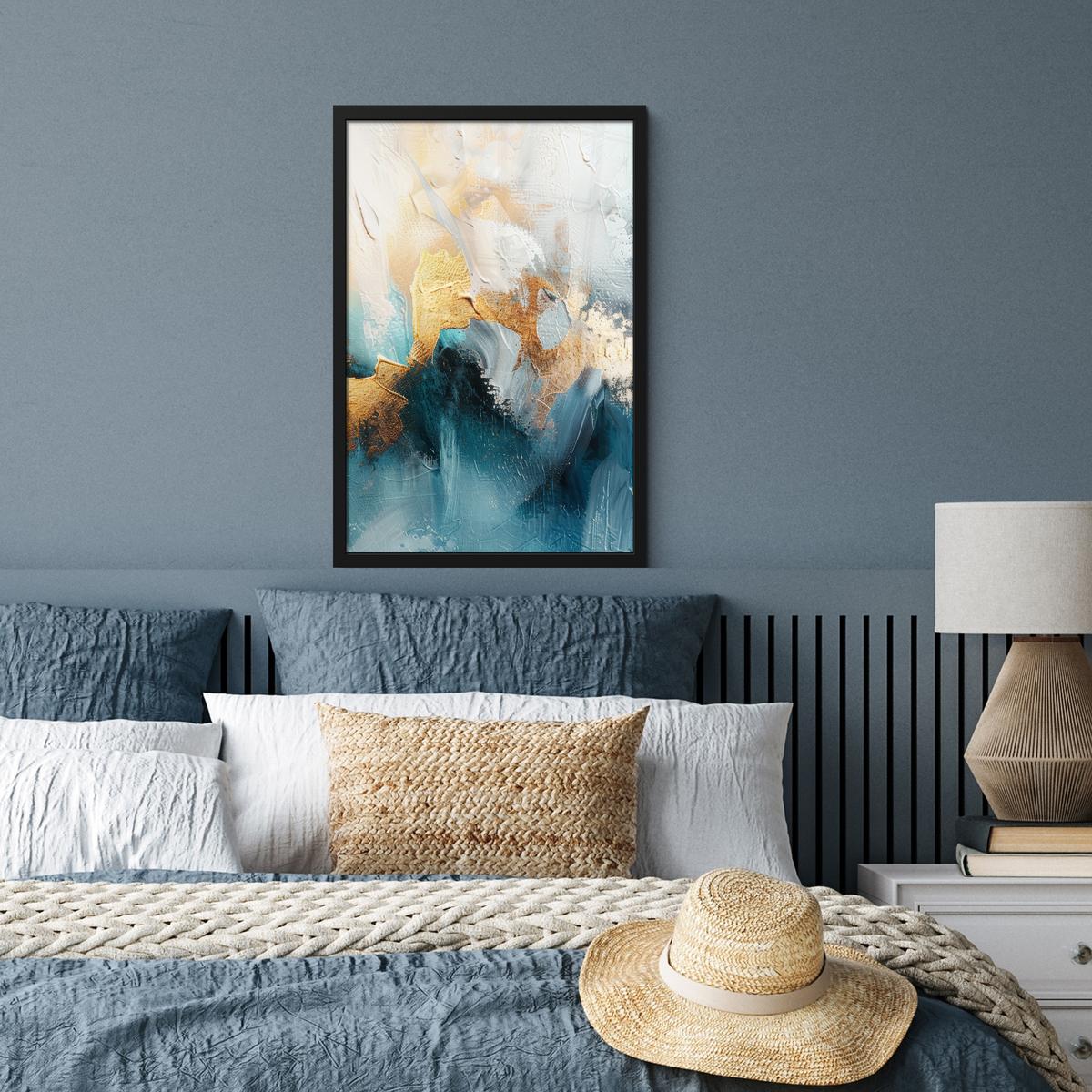 POSTER MIT RAHMEN Abstrakt - Kunst - Gold - Blau Bilder mit Rahmen 40x60 cm - Petrol, Papier (40/60cm) - MuchoWow