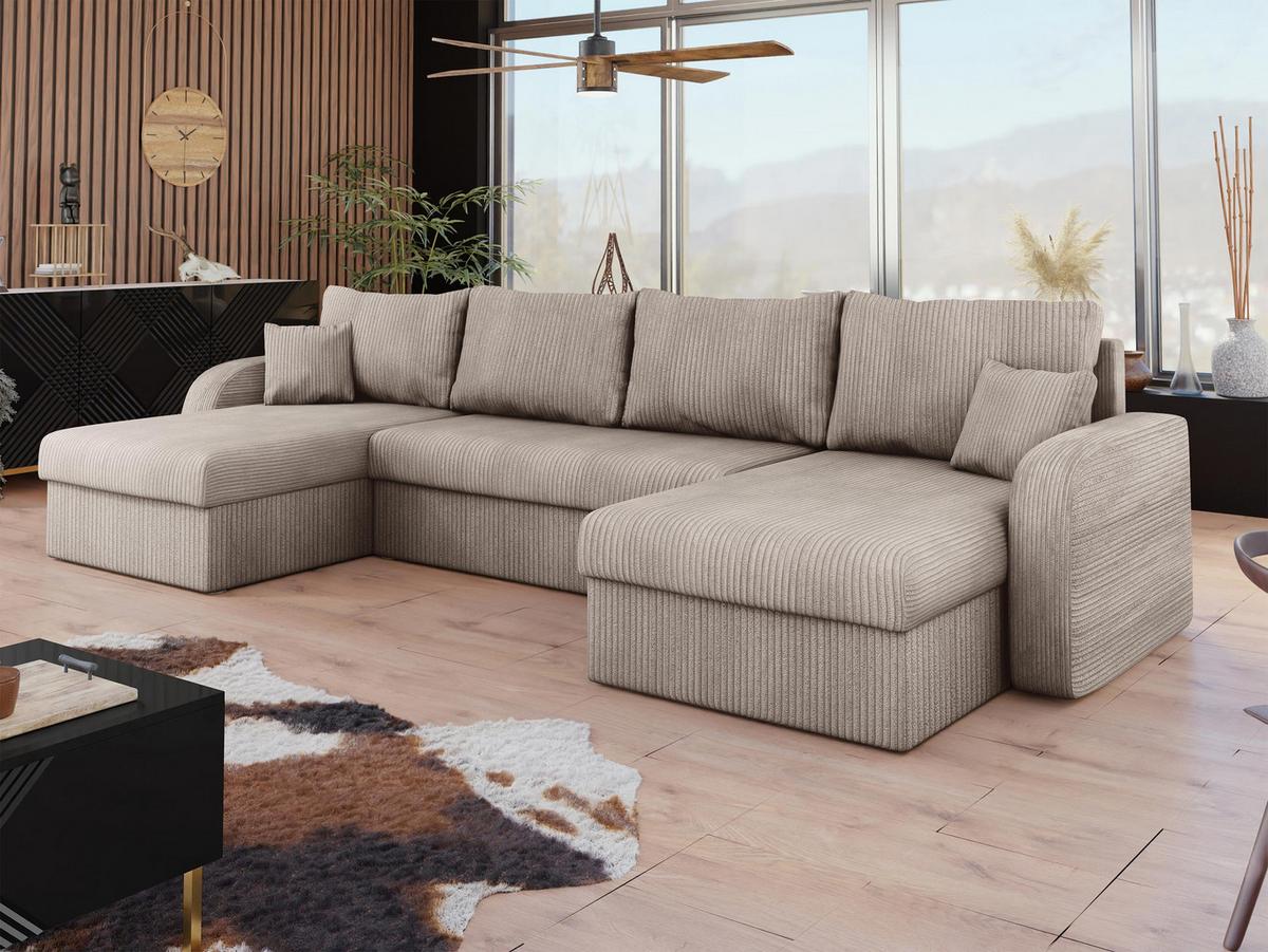 WOHNLANDSCHAFT Kris U Cord - Schwarz/Sahara, Holz/Kunststoff (304/80/140cm) - MIRJAN24