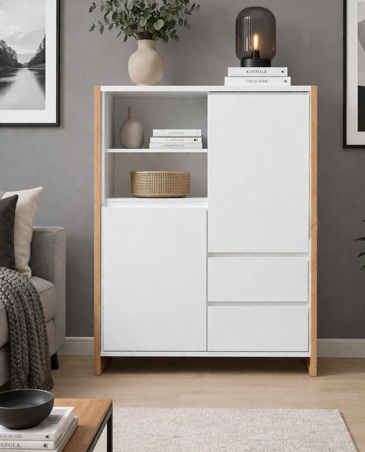 HIGHBOARD weiß, Eiche Artisan 120 cm, Kommode im skandinavischen Design - Weiß/Eiche Artisan, Holzwerkstoff (120/139/40cm) - Furn.Design
